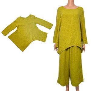 Bryn Walker 100% Linen Lagenlook Nadia Set (Tunic + Pants) Chartreuse Women’s XS